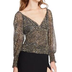 Steve Madden Shannon Chiffon Smocked Blouse Long Sleeve Black Womens Size M NWT